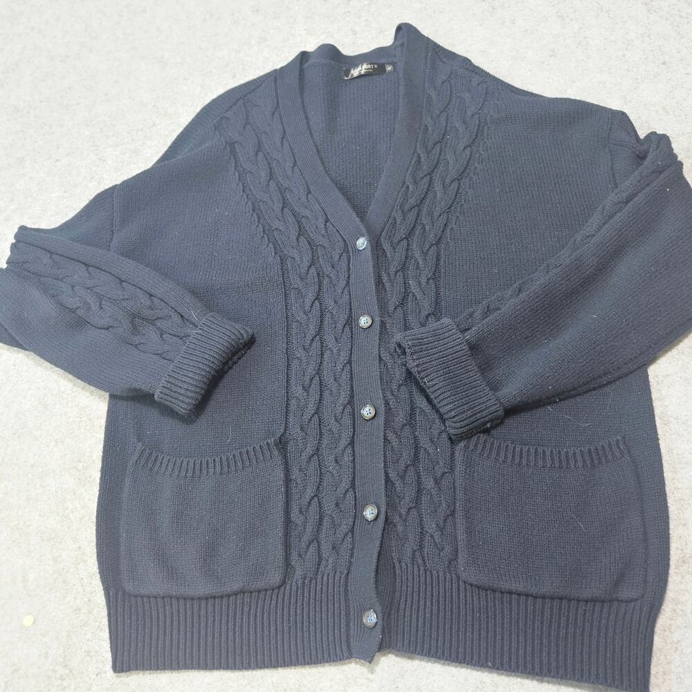 QUALFORT Black Cable Knit Oversized Boyfriend Cardigan Sweater Fits XL XXL